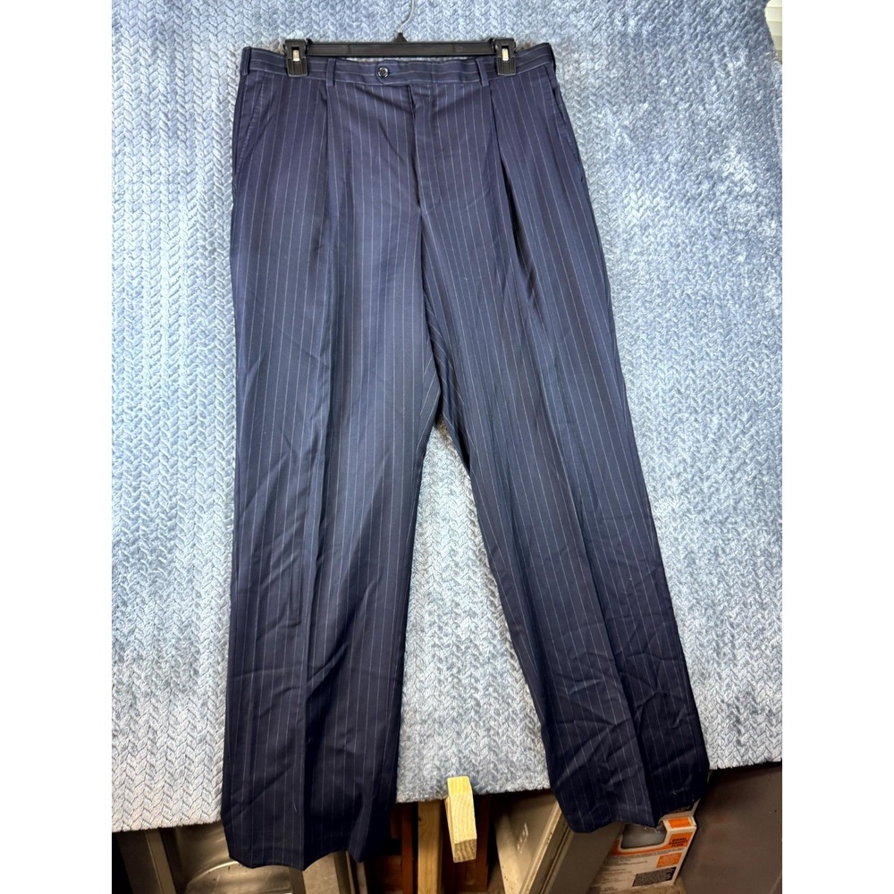 Hickey Freeman Dress Pants Mens 37W Blue Pinstripe Pleated High Rise Business